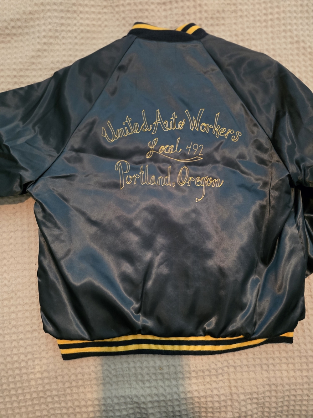 United Auto Workers Satin Bomber Jacket in Navy with Yellow Trim
